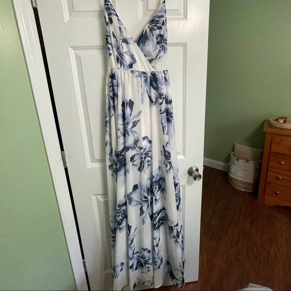 White dress blue flowers